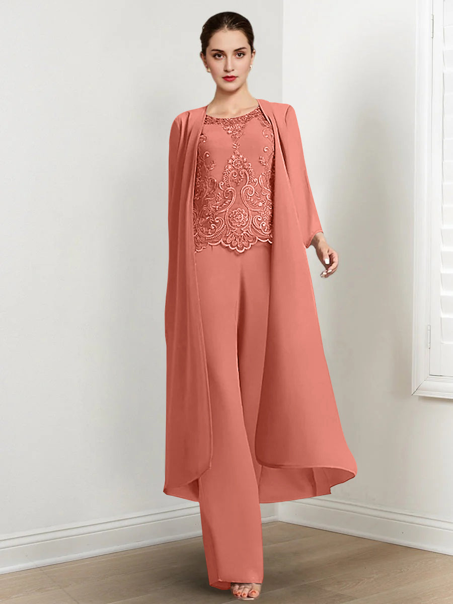Floor-Length Round Neck Chiffon Pantsuits For The Mother Of The Bride With Jacket And Applique