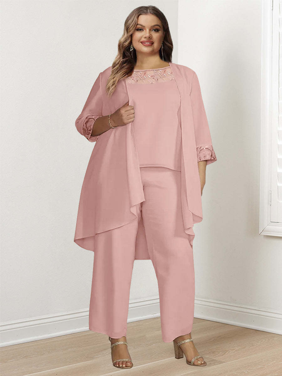 Floor-Length Square Neck Chiffon Pantsuit With Long Sleeves and Jacket for the Mother of the Bride