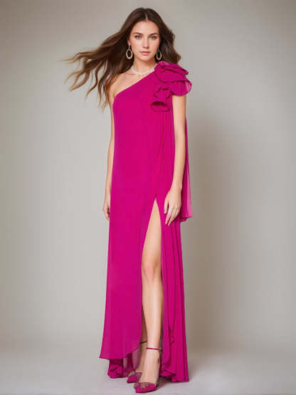 One-Shoulder Floor-Length A-Line Mother of the Bride Dress with Side Split