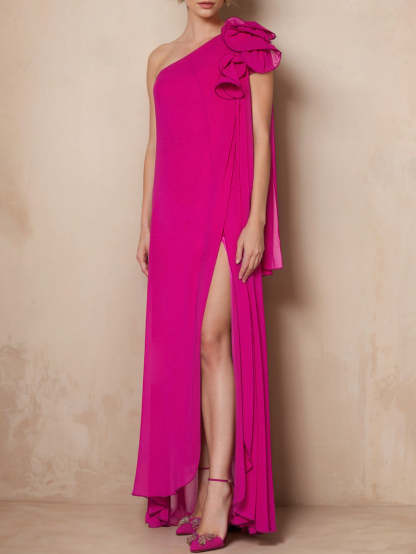 One-Shoulder Floor-Length A-Line Mother of the Bride Dress with Side Split