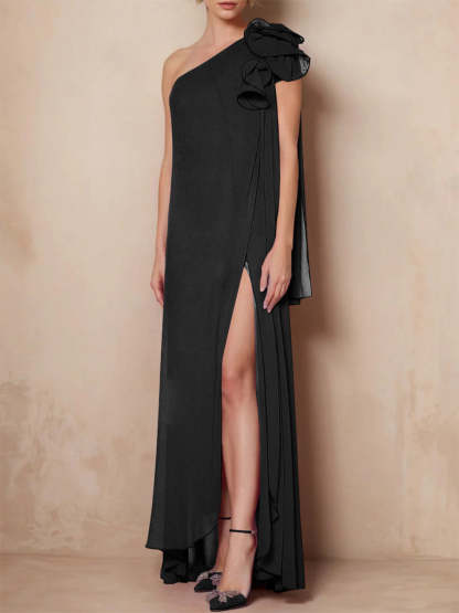 One-Shoulder Floor-Length A-Line Mother of the Bride Dress with Side Split