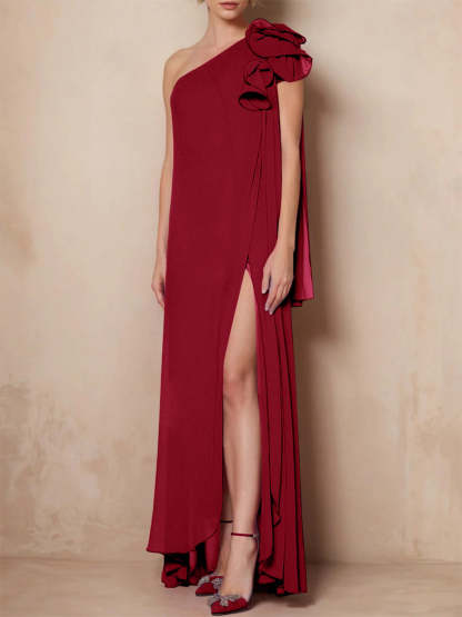 One-Shoulder Floor-Length A-Line Mother of the Bride Dress with Side Split