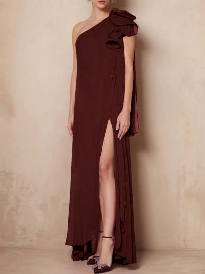 One-Shoulder Floor-Length A-Line Mother of the Bride Dress with Side Split
