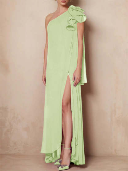 One-Shoulder Floor-Length A-Line Mother of the Bride Dress with Side Split