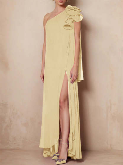 One-Shoulder Floor-Length A-Line Mother of the Bride Dress with Side Split