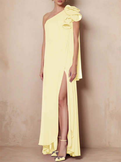 One-Shoulder Floor-Length A-Line Mother of the Bride Dress with Side Split