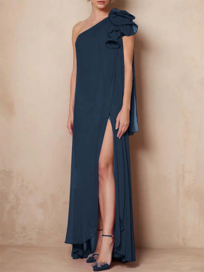 One-Shoulder Floor-Length A-Line Mother of the Bride Dress with Side Split
