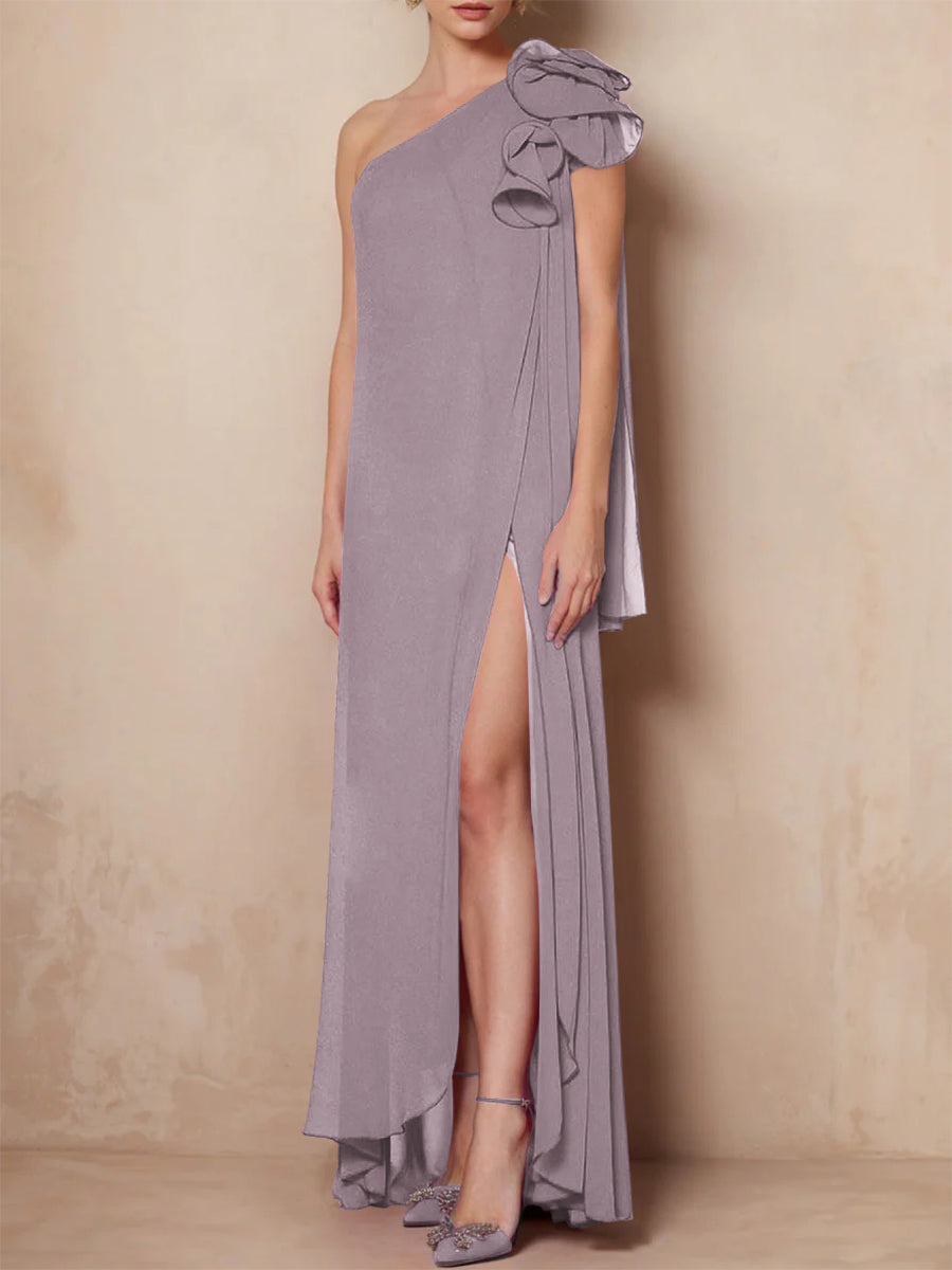 One-Shoulder Floor-Length A-Line Mother of the Bride Dress with Side Split