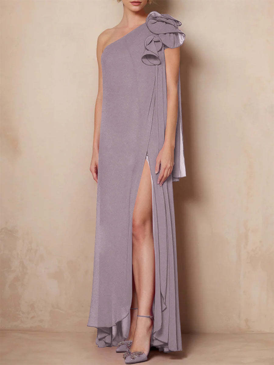 One-Shoulder Floor-Length A-Line Mother of the Bride Dress with Side Split