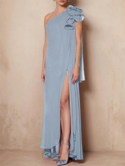 One-Shoulder Floor-Length A-Line Mother of the Bride Dress with Side Split
