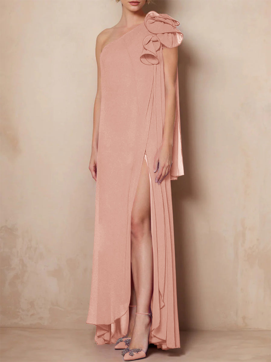 One-Shoulder Floor-Length A-Line Mother of the Bride Dress with Side Split