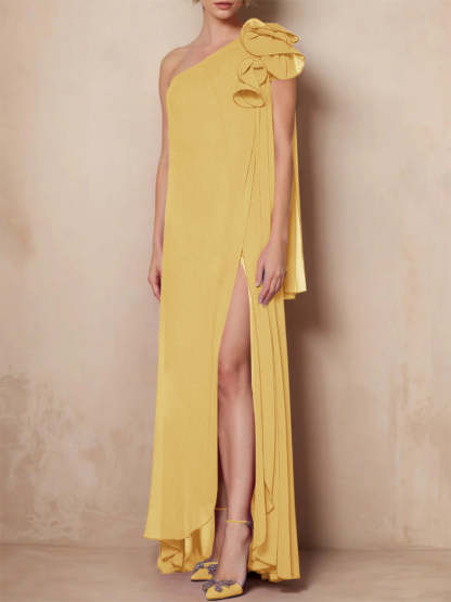 One-Shoulder Floor-Length A-Line Mother of the Bride Dress with Side Split