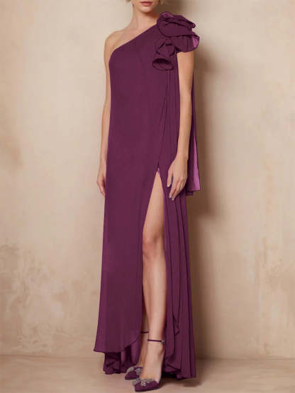 One-Shoulder Floor-Length A-Line Mother of the Bride Dress with Side Split