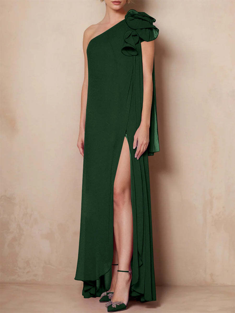 One-Shoulder Floor-Length A-Line Mother of the Bride Dress with Side Split