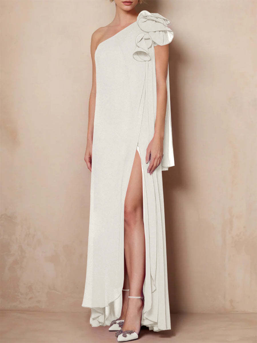 One-Shoulder Floor-Length A-Line Mother of the Bride Dress with Side Split