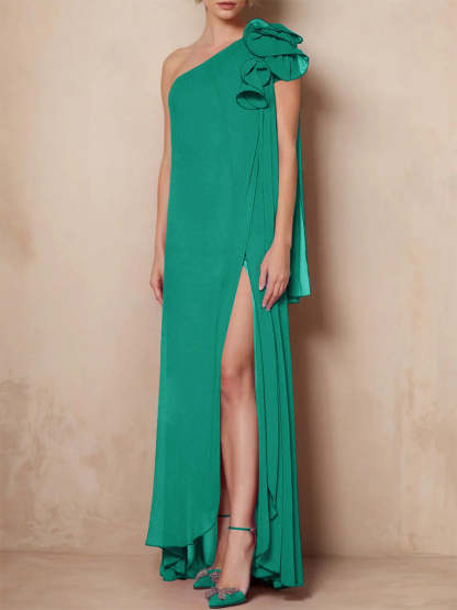 One-Shoulder Floor-Length A-Line Mother of the Bride Dress with Side Split