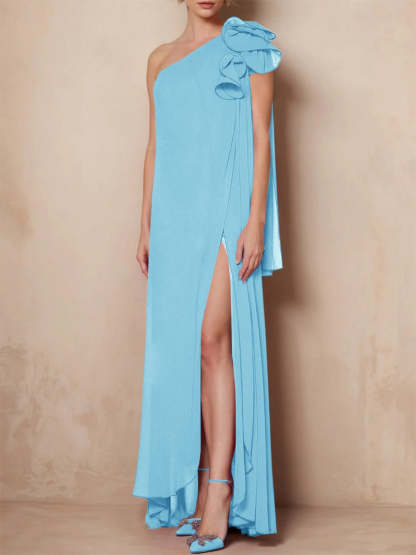 One-Shoulder Floor-Length A-Line Mother of the Bride Dress with Side Split