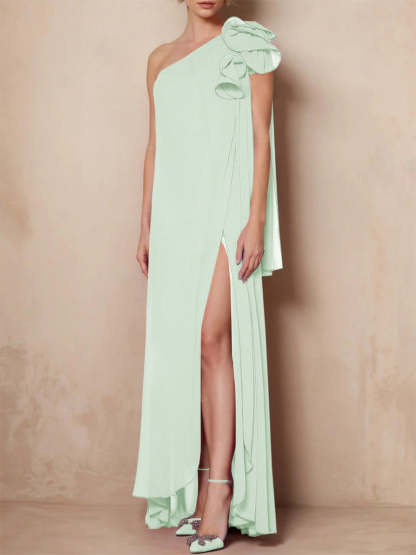 One-Shoulder Floor-Length A-Line Mother of the Bride Dress with Side Split
