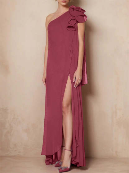 One-Shoulder Floor-Length A-Line Mother of the Bride Dress with Side Split