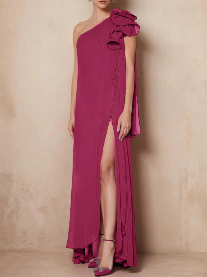 One-Shoulder Floor-Length A-Line Mother of the Bride Dress with Side Split