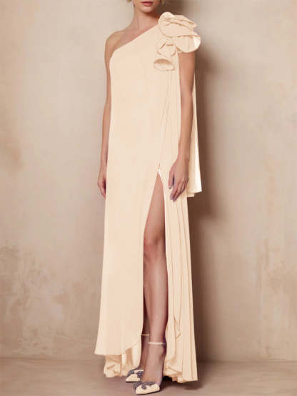 One-Shoulder Floor-Length A-Line Mother of the Bride Dress with Side Split