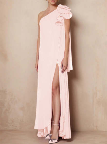 One-Shoulder Floor-Length A-Line Mother of the Bride Dress with Side Split