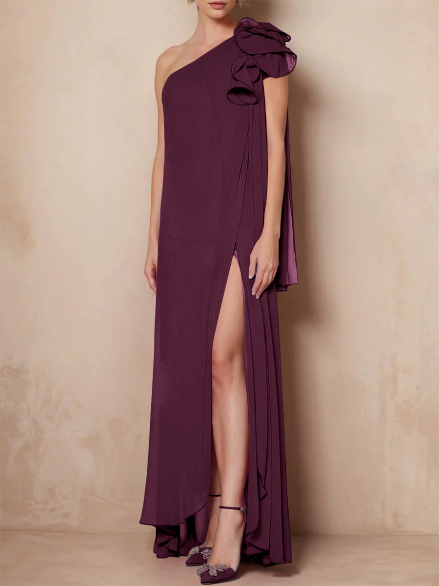 One-Shoulder Floor-Length A-Line Mother of the Bride Dress with Side Split