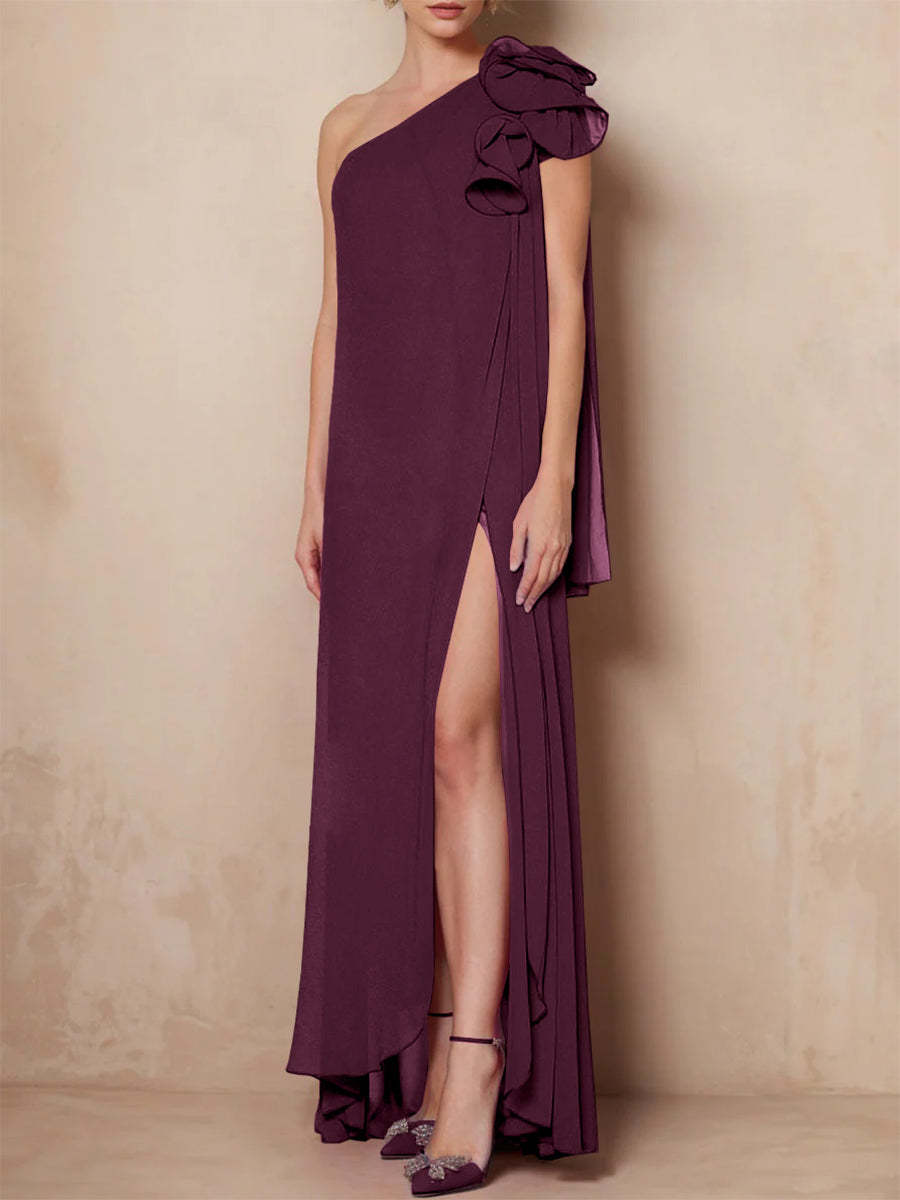 One-Shoulder Floor-Length A-Line Mother of the Bride Dress with Side Split