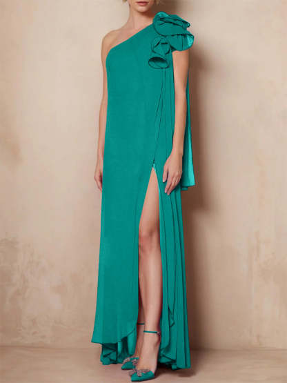 One-Shoulder Floor-Length A-Line Mother of the Bride Dress with Side Split