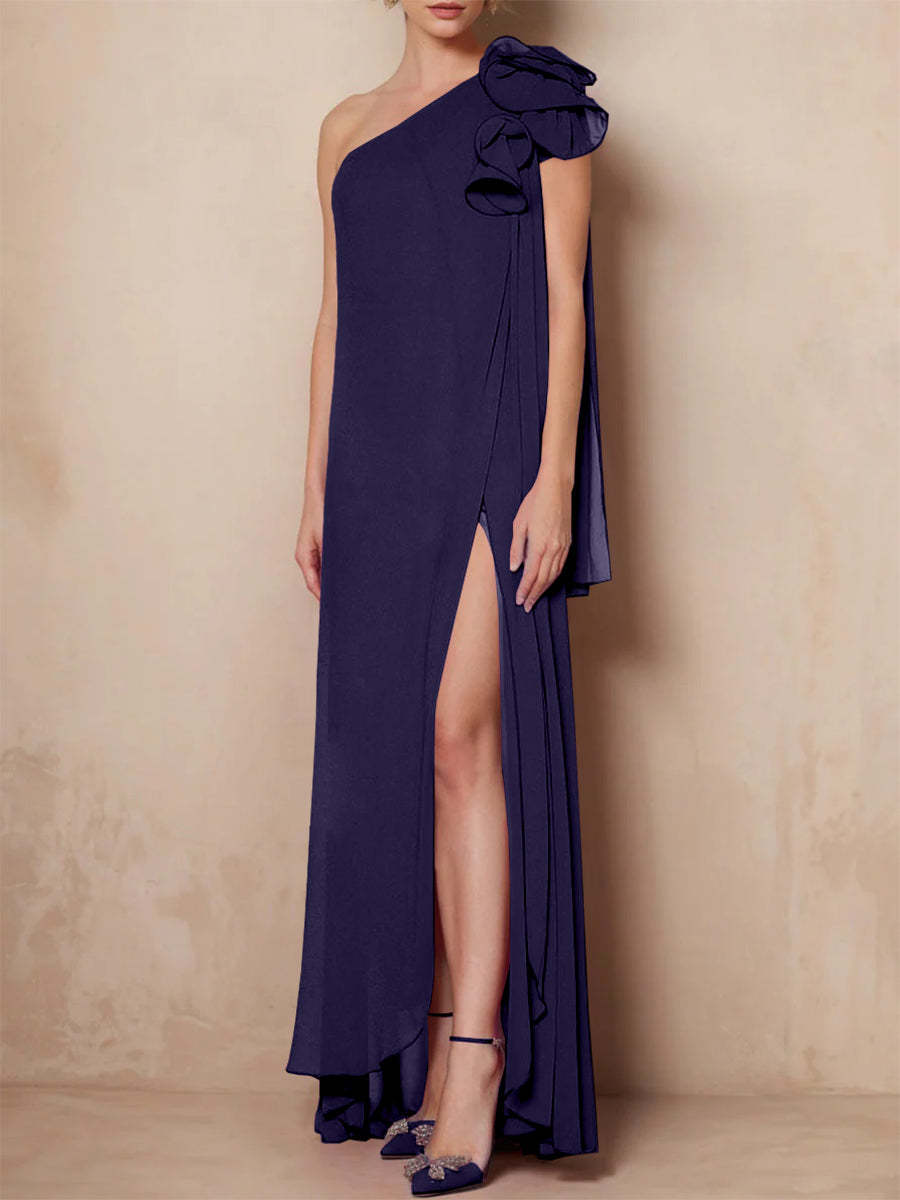 One-Shoulder Floor-Length A-Line Mother of the Bride Dress with Side Split