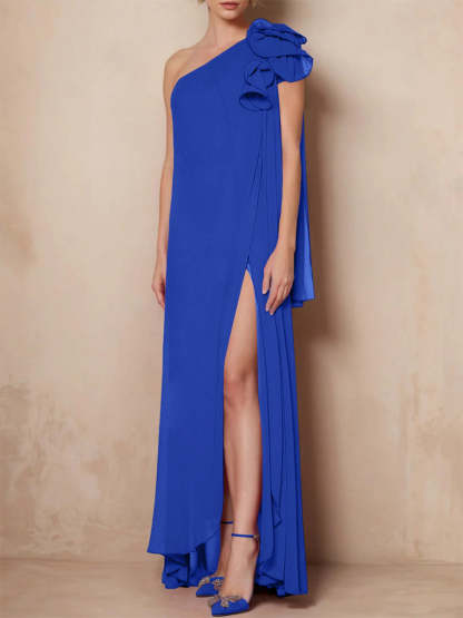 One-Shoulder Floor-Length A-Line Mother of the Bride Dress with Side Split