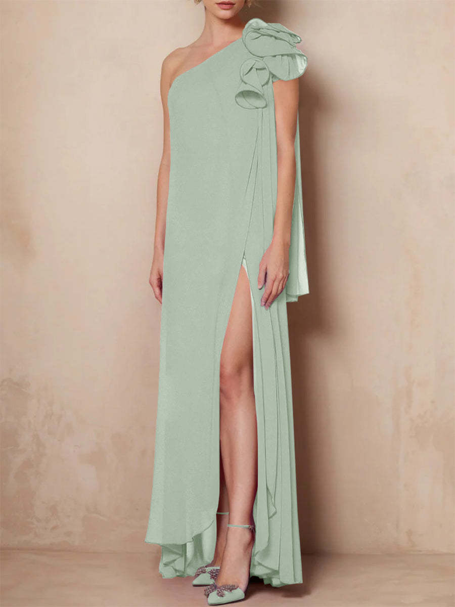 One-Shoulder Floor-Length A-Line Mother of the Bride Dress with Side Split