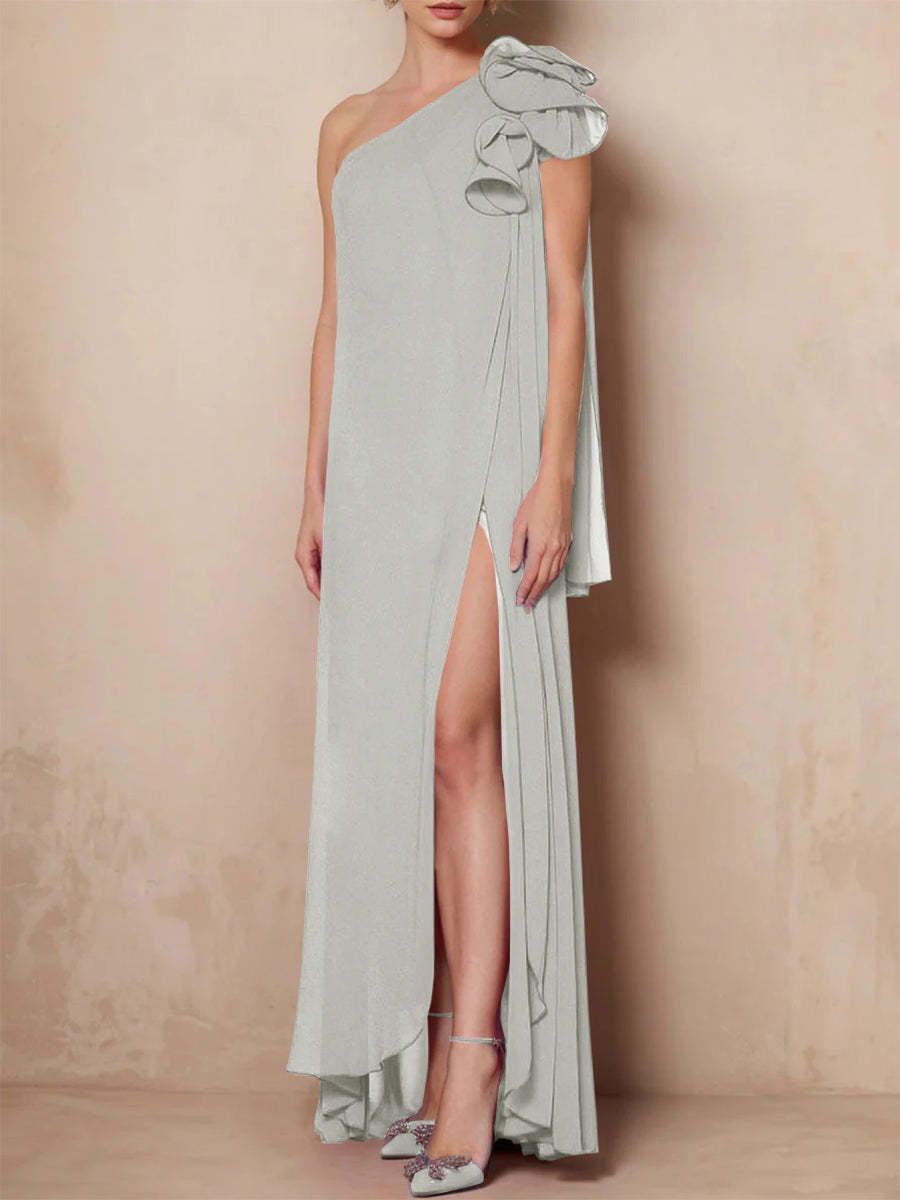 One-Shoulder Floor-Length A-Line Mother of the Bride Dress with Side Split