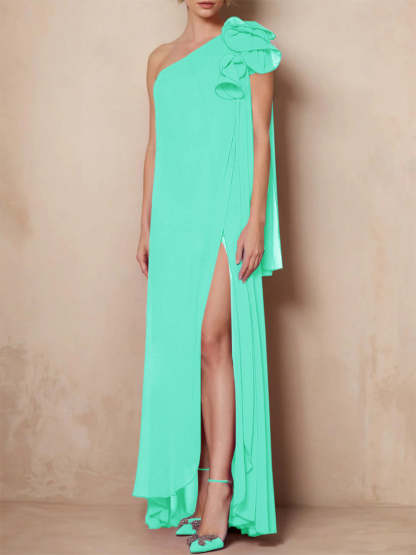 One-Shoulder Floor-Length A-Line Mother of the Bride Dress with Side Split