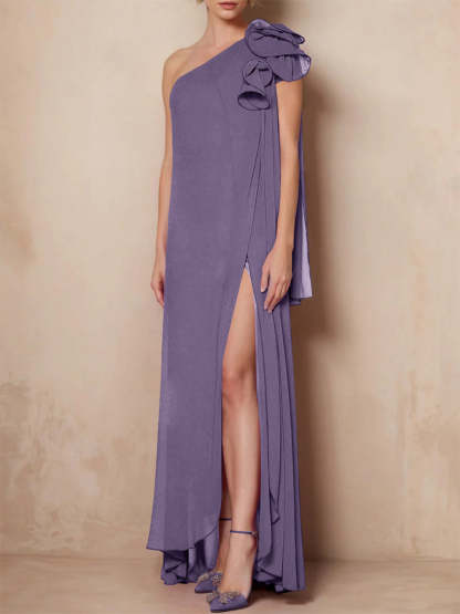 One-Shoulder Floor-Length A-Line Mother of the Bride Dress with Side Split