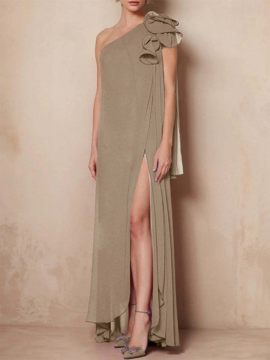 One-Shoulder Floor-Length A-Line Mother of the Bride Dress with Side Split