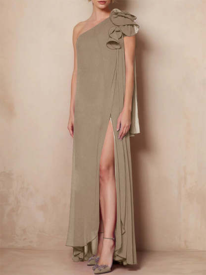 One-Shoulder Floor-Length A-Line Mother of the Bride Dress with Side Split