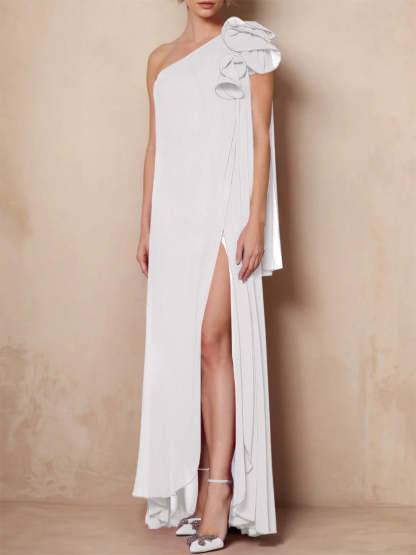 One-Shoulder Floor-Length A-Line Mother of the Bride Dress with Side Split