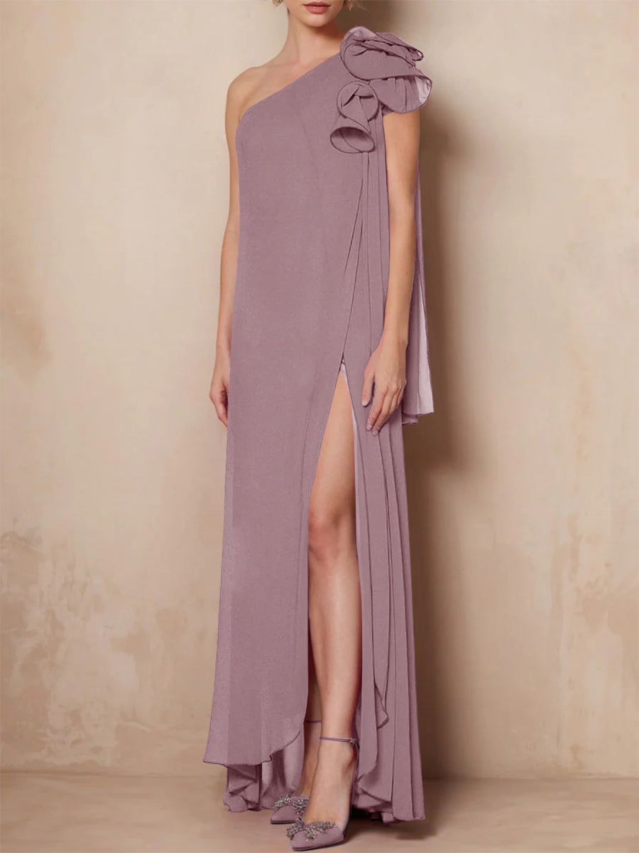 One-Shoulder Floor-Length A-Line Mother of the Bride Dress with Side Split