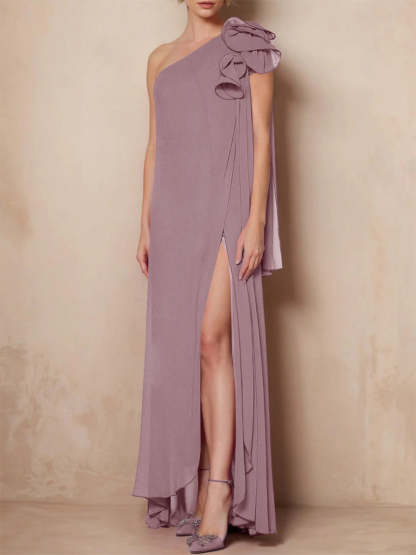 One-Shoulder Floor-Length A-Line Mother of the Bride Dress with Side Split
