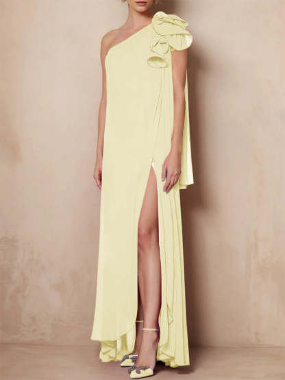 One-Shoulder Floor-Length A-Line Mother of the Bride Dress with Side Split