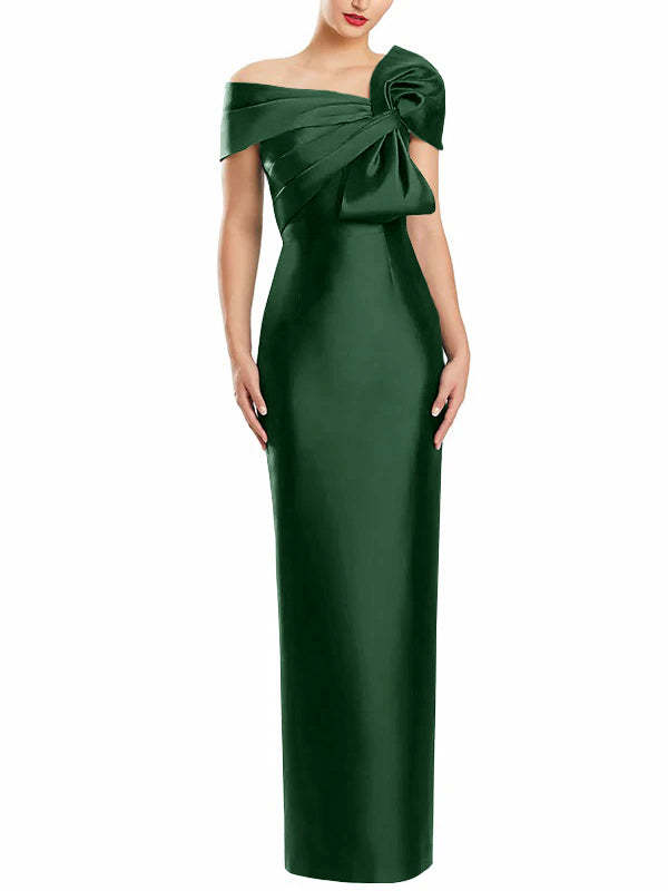 One-Shoulder Floor-Length Mother of the Bride Gown with Bow in Sheath/Column Style