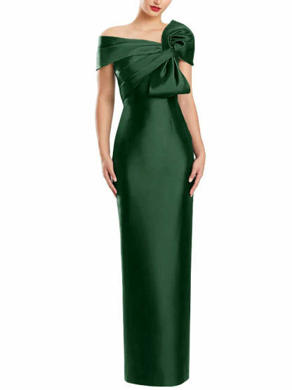 One-Shoulder Floor-Length Mother of the Bride Gown with Bow in Sheath/Column Style