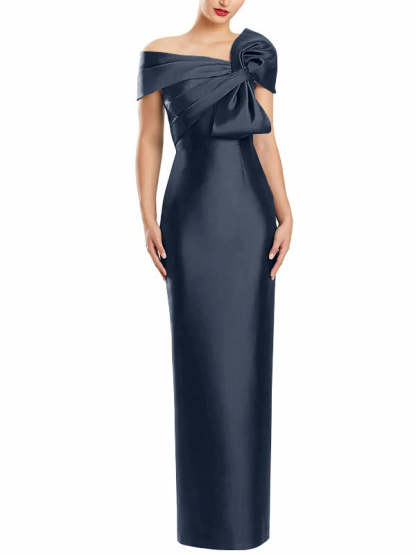One-Shoulder Floor-Length Mother of the Bride Gown with Bow in Sheath/Column Style