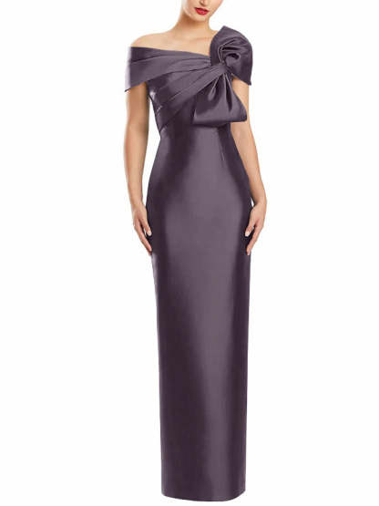 One-Shoulder Floor-Length Mother of the Bride Gown with Bow in Sheath/Column Style