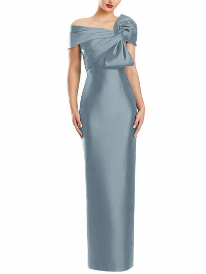 One-Shoulder Floor-Length Mother of the Bride Gown with Bow in Sheath/Column Style