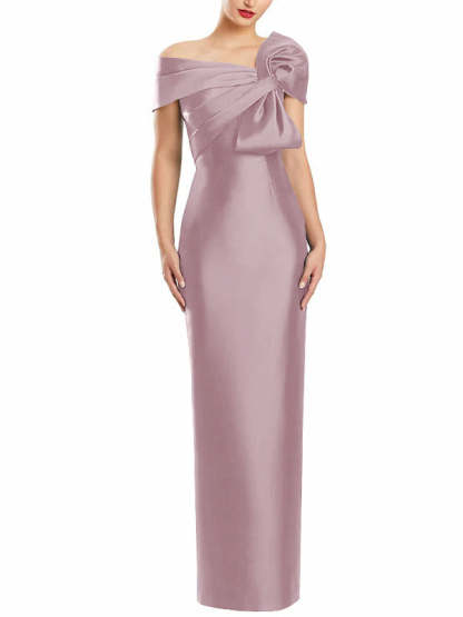 One-Shoulder Floor-Length Mother of the Bride Gown with Bow in Sheath/Column Style
