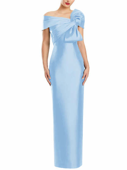 One-Shoulder Floor-Length Mother of the Bride Gown with Bow in Sheath/Column Style