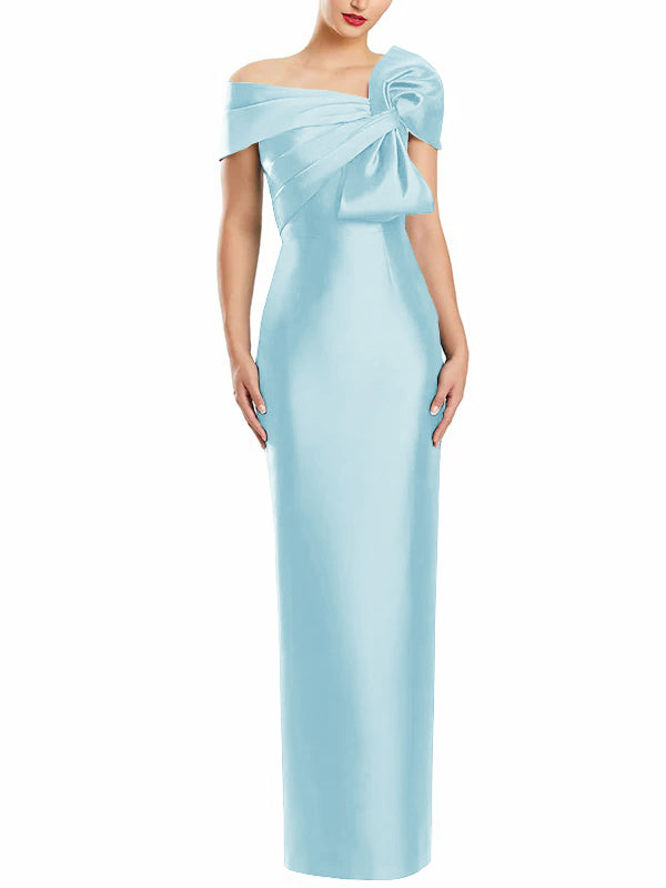 One-Shoulder Floor-Length Mother of the Bride Gown with Bow in Sheath/Column Style