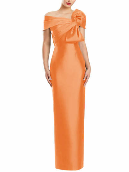 One-Shoulder Floor-Length Mother of the Bride Gown with Bow in Sheath/Column Style